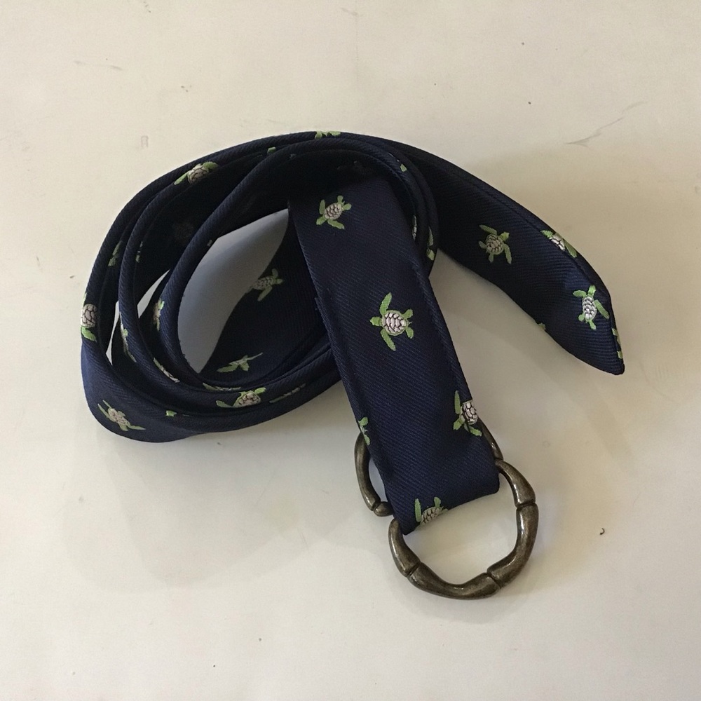 J Crew D-Ring Navy blue Embroidered Turtles Silk Adjustable Tie Ribbon Belt
